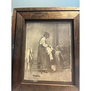 Framed Sepia Print Woman Bathing Child By R. Hendrickson Rustic Wooden Frame